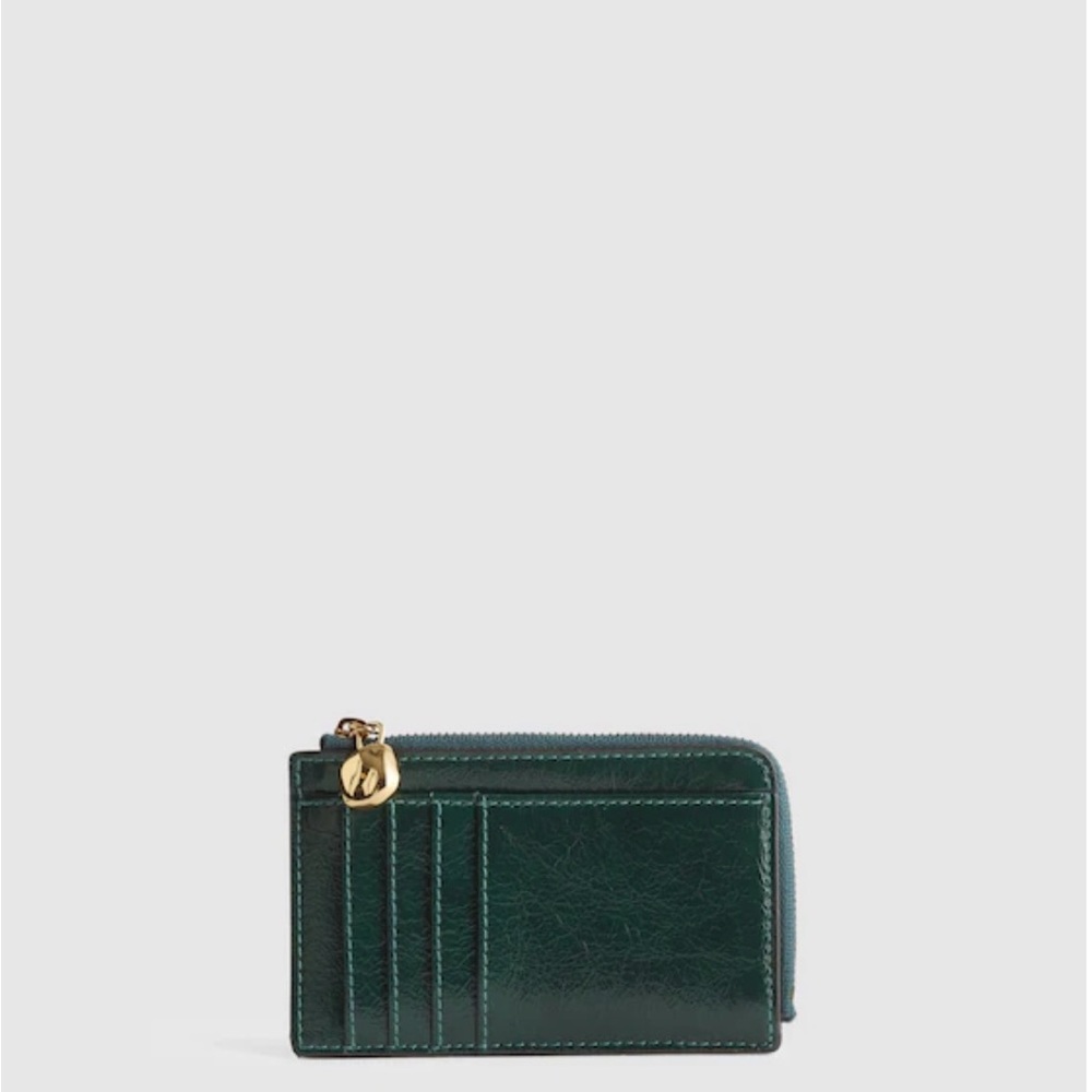 Madewell Forest Green Leather Card Wallet with Gold Zipper Charm